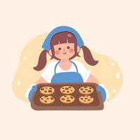 Baker character.Young woman baking fresh chocolate chips cookie.cute girl serving homemade bakery.delicious chunk or soft chocolate chips cookie.Stay home activity. Flat Vector ,cooking food at home.