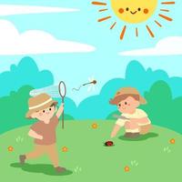 Summer Kids Camp.kids activities, children playing in playground, Girls and boys in camping costume.Summer camp with boy and girl at park.kindergarten outdoor observing nature. vector