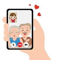 distanciamiento social, abuelo y abuela, el niño tiene una videollamada usando el teléfono inteligente. quédese en casa y tenga un nuevo estilo de vida normal. vector