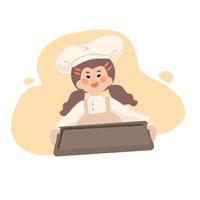 mujer joven sosteniendo una bandeja para hornear. linda chica sirviendo panadería casera. usando delantal, gorro de cocinero y guante de cocina. quédese en casa. ilustración de vector plano sobre cocinar comida en casa.