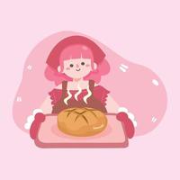 Young woman baking fresh sourdough bread.cute girl serving homemade bakery.delicious bread.Stay home activity. Flat Vector illustration on cooking food at home.