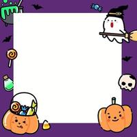 concepto de halloween tarjeta linda púrpura con marco cuadrado fondo de vacaciones de diseño plano de dibujos animados mínimo para banner, bloc de notas. ilustración vectorial vector