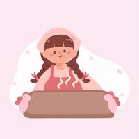 Young woman holding baking tray  .cute girl serving homemade bakery.wear apron and kitchen glove. braid hairstyles.Stay home activity. Flat Vector illustration on cooking food at home.