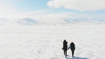 Mother and son hold hands walking together in beautiful vast winter nature landscape. Family and parenthood concept