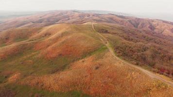 Birds eye view of 4wd vehicle driving over hills surrounded by vast autumn landscape. Exploring vashlovani national park video