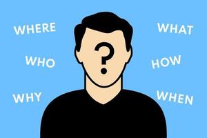 Head of a man with a question mark and words where, who, why, what, how, when that surround him vector
