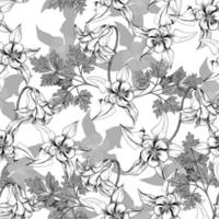 Seamless vector pattern with grayscale columbine flowers isolated on white background. T-shirt design, textiles, fabrics, covers, wallpapers, print, wrapping gift