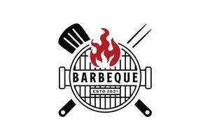 grill barbeque with crossed spatula and fork and fire flame logo design vector