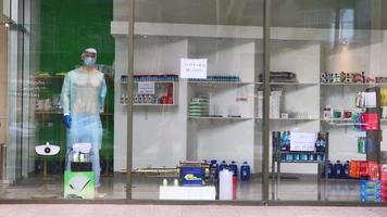 Tbilisi, Georgia,2020 - Shop display window with household disinfectants and other protective gear on sale video