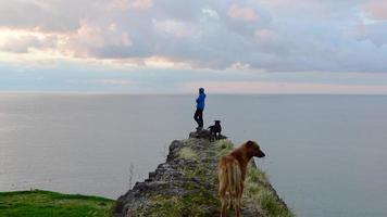 Male caucasian stands on the edge and looks to side with two dogs arouund and black sea background video