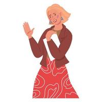 Caucasian happy woman saying hi and waving hand in greeting gesture, flat vector illustration isolated on white background.