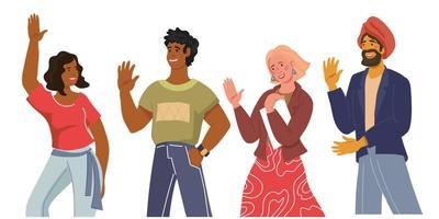 Diverse people group with greeting gesture. Different nations representatives waving hands saying hi, flat vector illustration isolated on white.