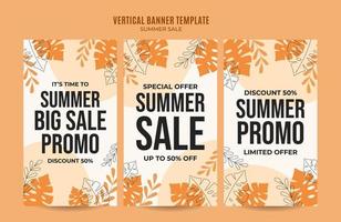 banner web de venta de verano feliz para afiches verticales de redes sociales, banner, área espacial y fondo vector