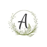 Hand drawn floral vector logo template in elegant and minimal style with green color Circle frame logo. For badges, labels, logos, and branding business identities, letter A.
