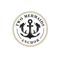 Logo design of two beautiful mermaids with long hair on anchor background in vintage traditional style, frill vector