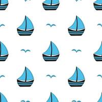 Seamless pattern. Blue sailing boat with gulls. vector