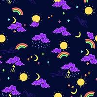 Seamless weather pattern with colorful elements.Dark background with sun, wind, cloud, rain, lightning, moon, stars, rainbow and storm elements. vector