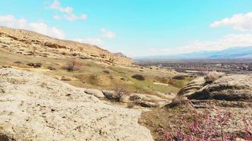 Aerial cinematic view geological formations landmark in spring in Georgia, caucasus. Sightseeing natural monuments. video