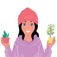 The girl holds indoor plants in her hands. Vector isolated.