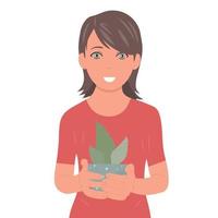 Portrait of a girl holding a potted flower in her hands. Ecology. vector