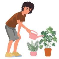 The guy is watering indoor plants.Ecology and environmental protection.Vector,isolated. vector