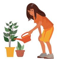 Girl watering indoor plants.Ecology and environmental protection.Vector,isolated. vector