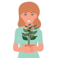 Portrait of a girl holding a potted flower in her hands. Ecology. vector