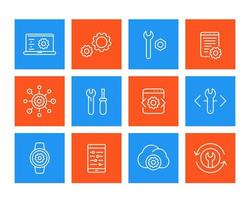 desarrollo, ingeniería, conjunto de iconos de línea de configuración vector