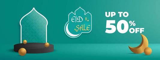 Eid celebration sale banner template with 3D round podium and moon vector