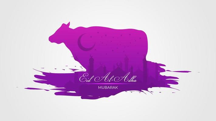 Eid al Adha greeting with shiny light, mosque, moon, and stars isolated in the silhouette of cow and ink splatter