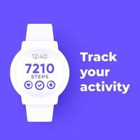 reloj inteligente con aplicación de fitness, rastreador de actividad y contador de pasos, banner vectorial vector