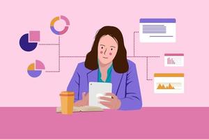 illustration of female employee processing statistical data vector