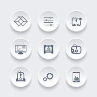 3d printer, printing icons set, modeling, designing, additive manufacturing, vector illustration
