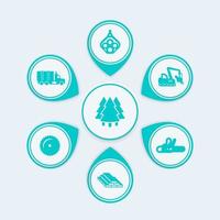 Logging, tree harvester, tracked feller buncher, industrial wood, lumber, timber infographic elements, icons vector