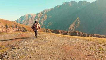 vrouw opgewonden genieten van prachtige Kaukasus bergen landschap alleen in ongerepte natuur. concept van welzijn en gelukkige reizen video