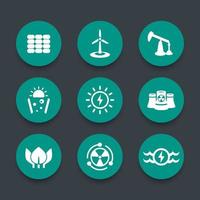 Power, energy production round green icons, energetics, different sources of energy, solar, wind, nuclear energetics, vector illustration