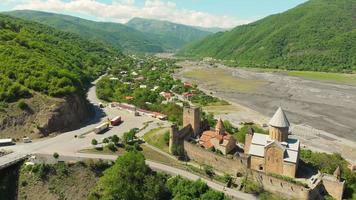 Aerial static view of Ananuri castle complex panorama.Unesco world heritage sites in Georgia video