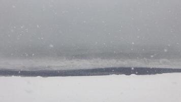vista estática de una fuerte tormenta de nieve en una playa con mar agitado y pájaros voladores en el fondo. mar negro tsikhisdziri. video