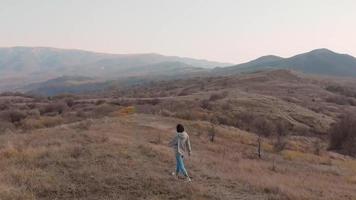 vista traseira da jovem mulher milenar caucasiana andando no campo Prado em uma natureza rural. tranquilidade e conceito de saúde video