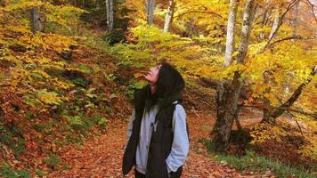 Nahaufnahme filmische Zoom aus Vorderansicht Junge kaukasische Frau steht im Wald und blickt zu Bäumen im Herbst in die Natur im Freien. Blätter fallen in Zeitlupe im Wald. Reiseziel video
