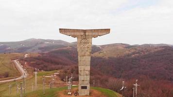 Fast motion Aerial view Didgori battle giant monument memorial. Georgia landmarks sightseeing attraction. video