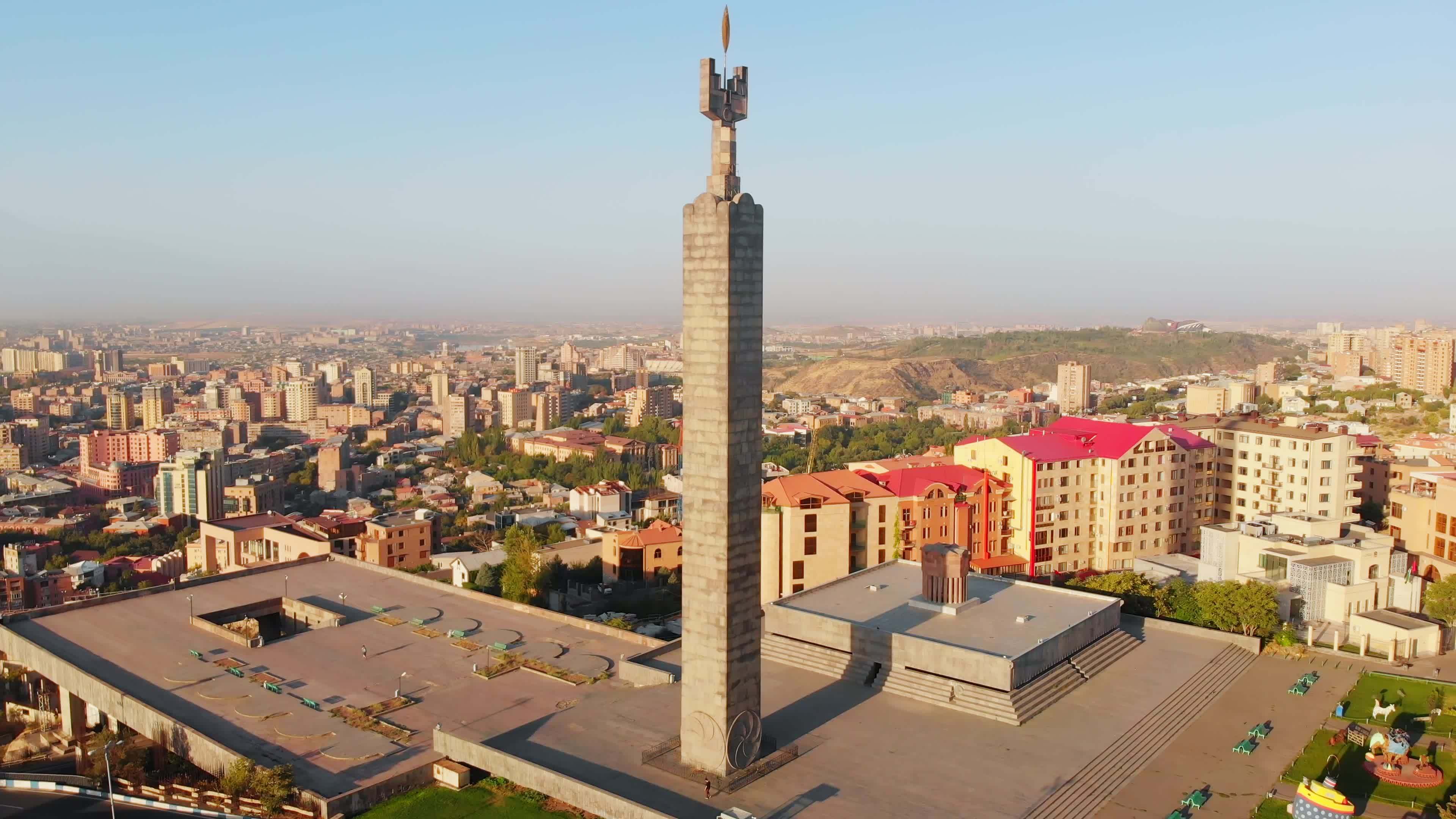 Aerial static wide Yerevan city center panorama view from cascade