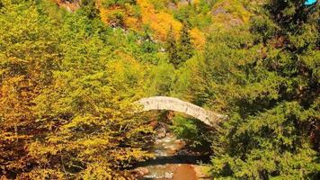 Aerial Zoom in view of female tourist walking on beautiful ottoman style arc Tamari bridge surrounded with autumn nature