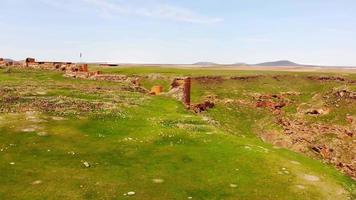 Aerial zoom in view Ani wall ruins in Turkey, Kars. Archeological site of medieval armenian city video