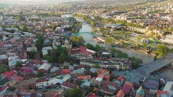 Majestic Tbilisi center city panorama with beautiful architecture building from aerial perspective