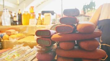 Meat and cheese production on stall in traditional armenian market indoors. Vanadzor. Armenia video