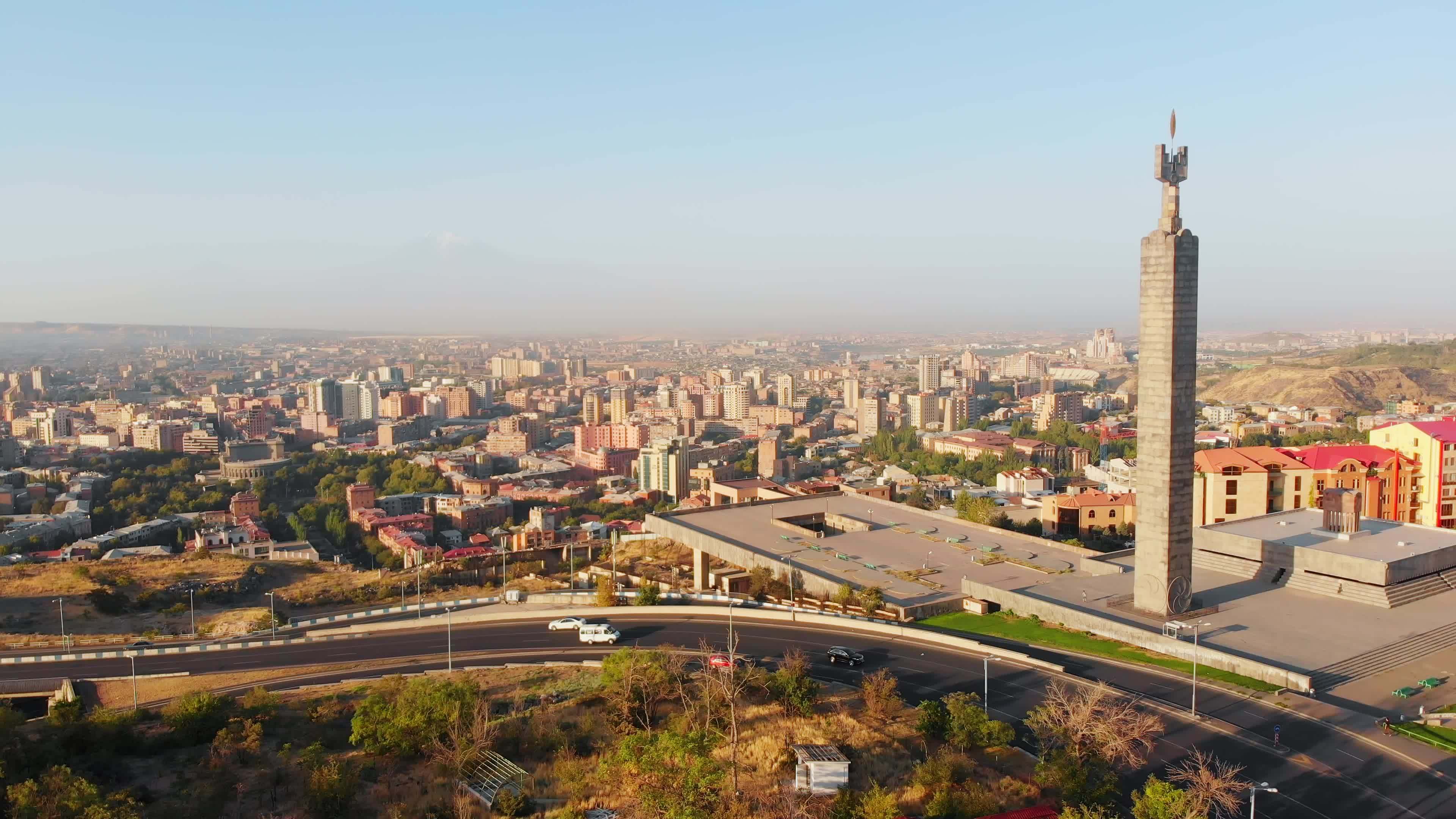 Aerial static wide Yerevan city center panorama view from cascade