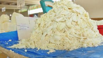 Close up view home made various cheeses on stalls in local market in Vanadzor, Armenia video