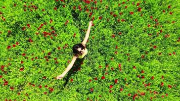 Aerial top down rising view young caucasian woman with spreaded hands enjoy freedom and spring season outdoors in nature video