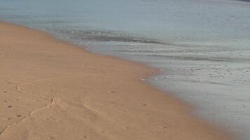 plage de sable de l'océan et texture de la surface de l'eau. vagues mousseuses avec ciel et nuages. belle plage tropicale. incroyable littoral sablonneux avec des vagues de mer blanche. nature, paysage marin et concept d'été. video